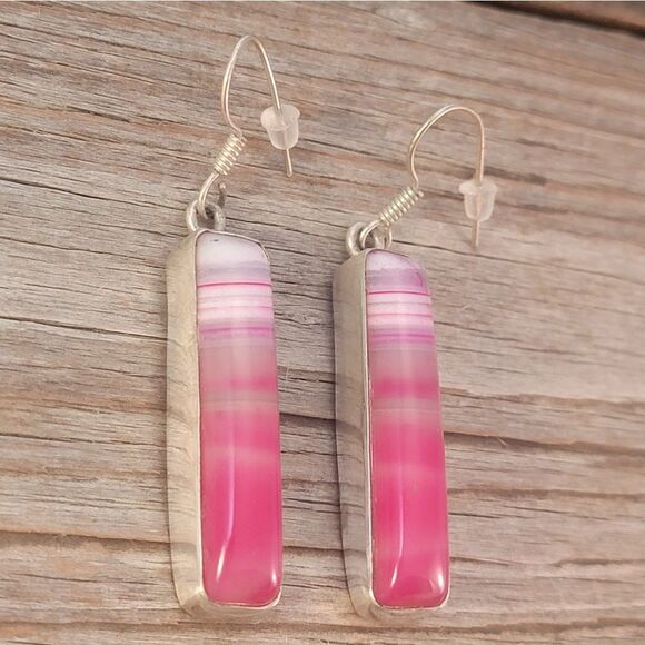 Silver Long Rectangle Pink Agate Bezel Set Dangle Earrings - Picture 2 of 6